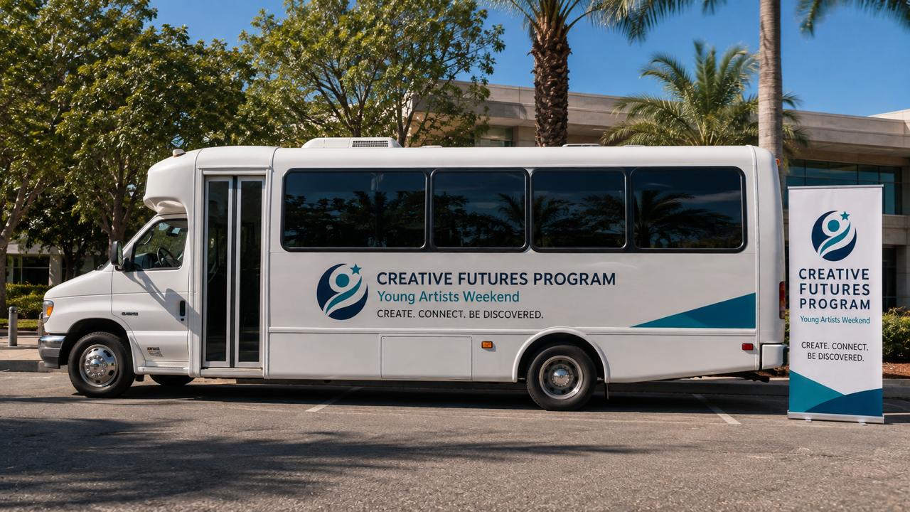 The Creative Futures Program bus outside the Young Artists Weekend venue